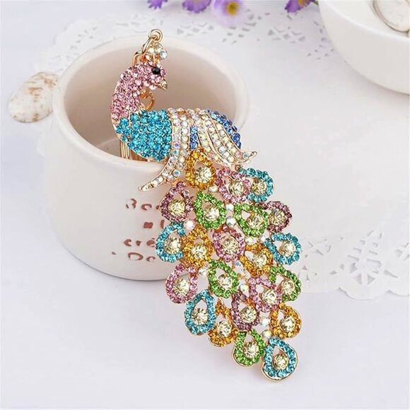 Peacock Crystal Rhinestone Keychain Bag Charm - Picture 5 of 15